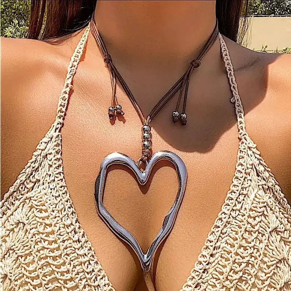 Exaggerated Silver Heart Statement Necklace Boho Oversized